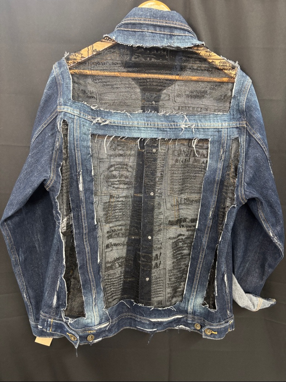 Distressed Dark Blue Denim Jacket withe Newspaper Lace by Jagged Threads